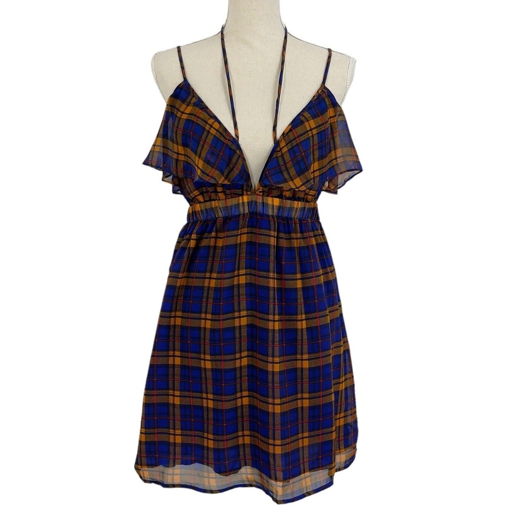 Nameless Womens Strappy Backless Dress Blue Orange Plaid Halter Neck Chiffon M